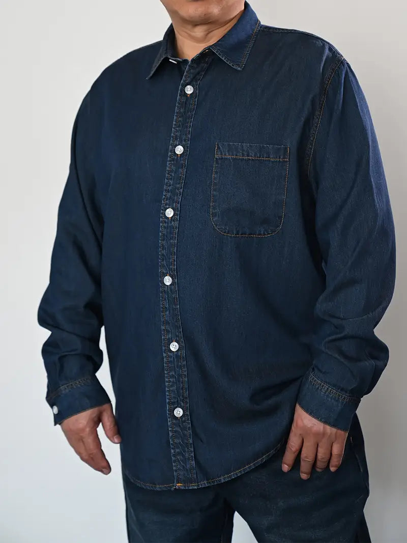 Men's Plus Size Casual Denim Shirt - Cotton & Lyocell Blend, Long Sleeve, Button-Up with Chest Pocket, Machine Washable - Perfect for Spring/Fall, PLUS SIZE