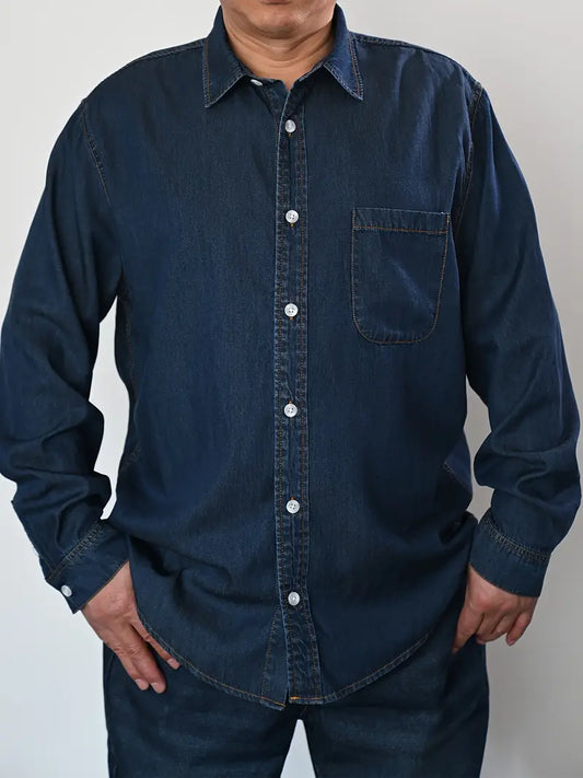 Men's Plus Size Casual Denim Shirt - Cotton & Lyocell Blend, Long Sleeve, Button-Up with Chest Pocket, Machine Washable - Perfect for Spring/Fall, PLUS SIZE