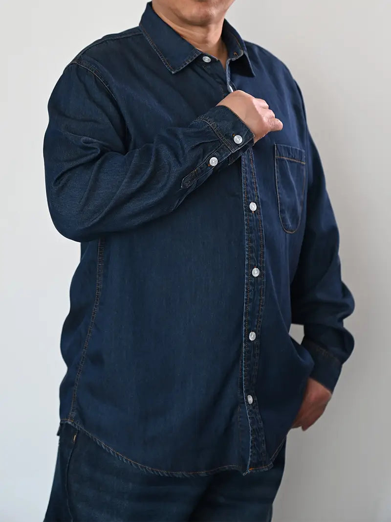 Men's Plus Size Casual Denim Shirt - Cotton & Lyocell Blend, Long Sleeve, Button-Up with Chest Pocket, Machine Washable - Perfect for Spring/Fall, PLUS SIZE