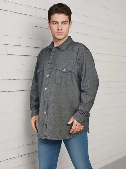 1pc Vintage Style Men'S Plus Size Casual Denim Shirt, Solid Color, Non-Stretch Fabric, Regular Fit, Spring/Autumn Season, Adult - Washed Jean Long Sleeve Button-Up